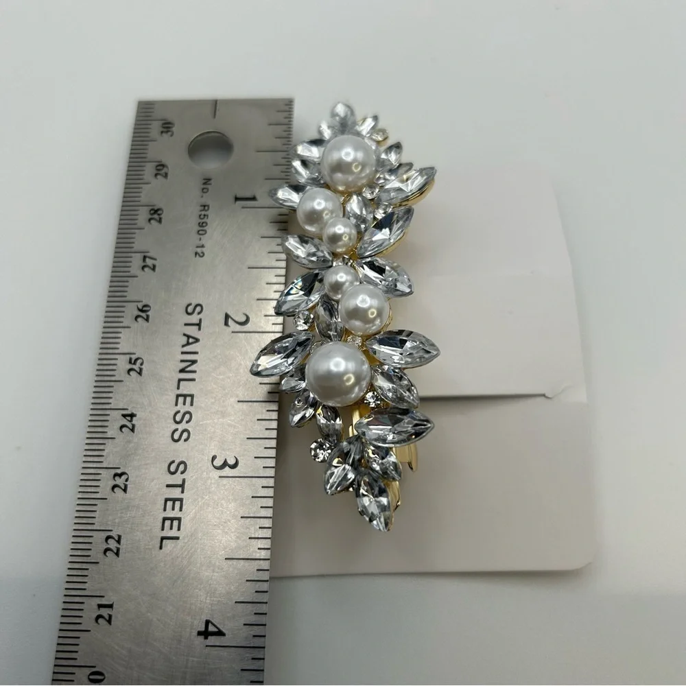 Faux Pearl Golden Hair Barrette Statement Silver Tone Leaves Natural Textured